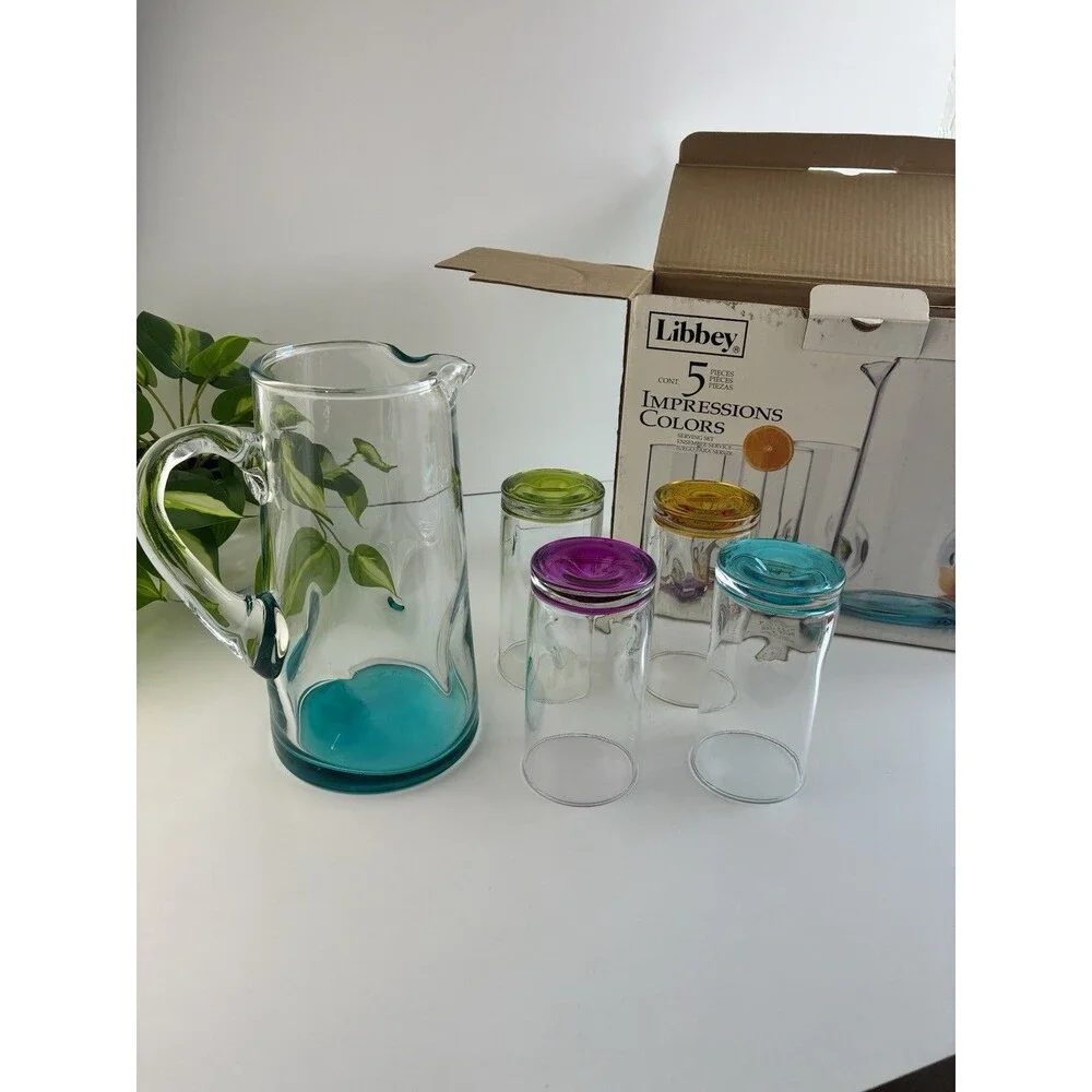 Libbey Impression Colors 5 Piece Serving Set 4 Glasses 16oz 1 Pitcher Margarita